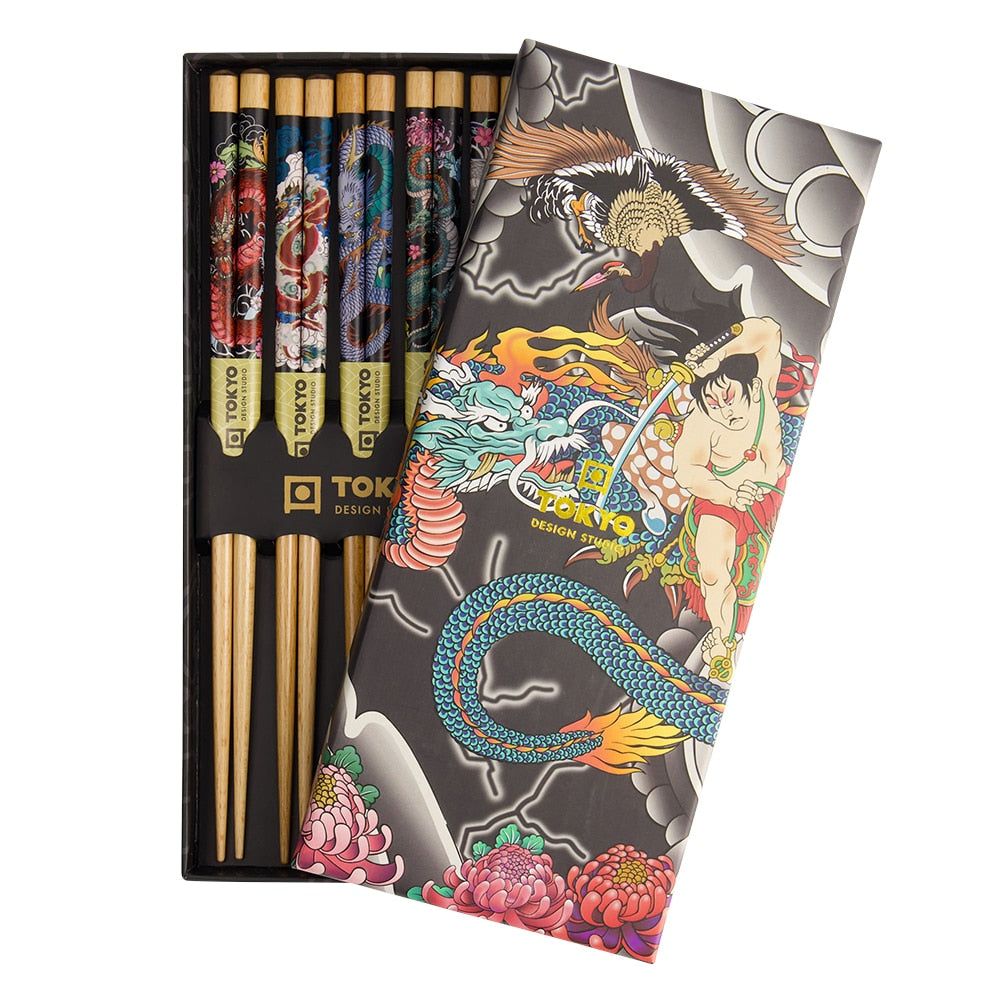 Set 5 paia di bacchette giapponesi Yakuza Blue Dragon