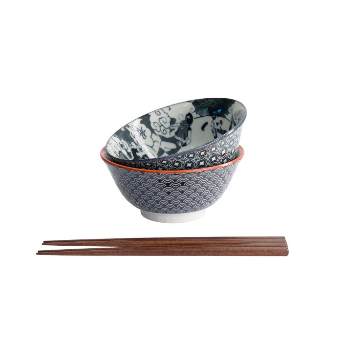 Set 2 ciotole giapponesi Asakusa rosse e grigie con bacchette – 550 ml