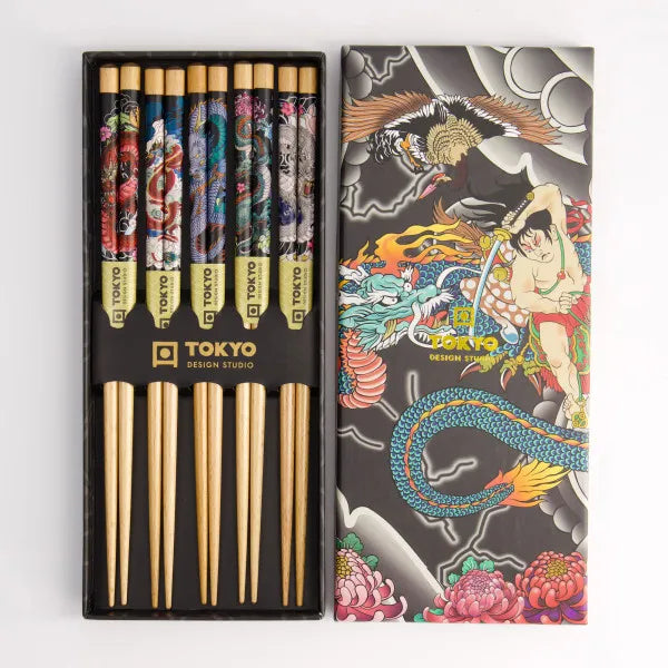 Set 5 paia di bacchette giapponesi Yakuza Blue Dragon