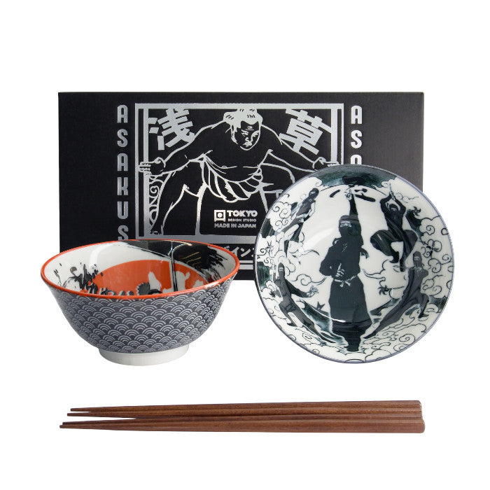 Set 2 ciotole giapponesi Asakusa rosse e grigie con bacchette – 550 ml