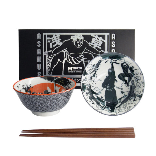 Set 2 ciotole giapponesi Asakusa rosse e grigie con bacchette – 550 ml
